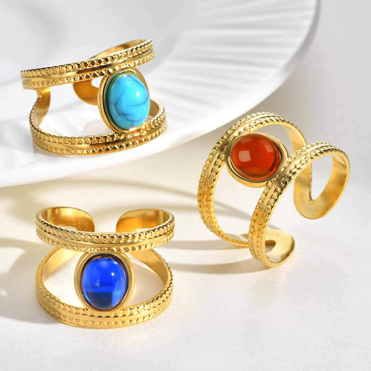 Stainless Steel French Color Amber Stone Double Open Ring