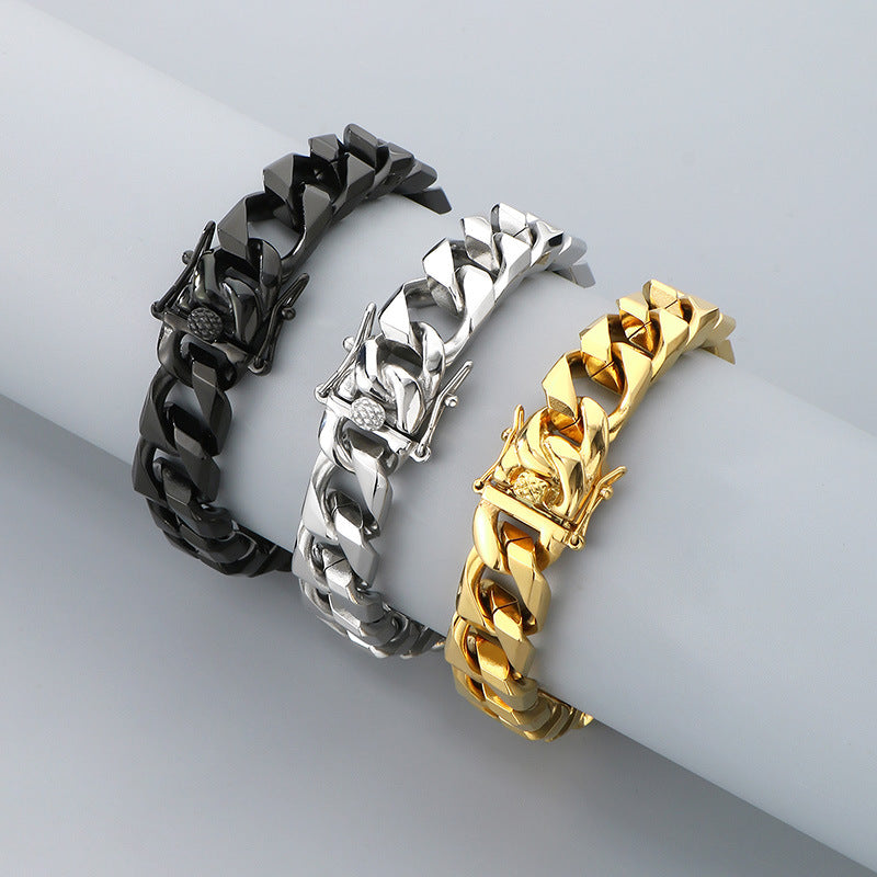 Hip-Hop Button Series – Woven Cuban Chain Dragon Head Buckle Titanium Bracelet