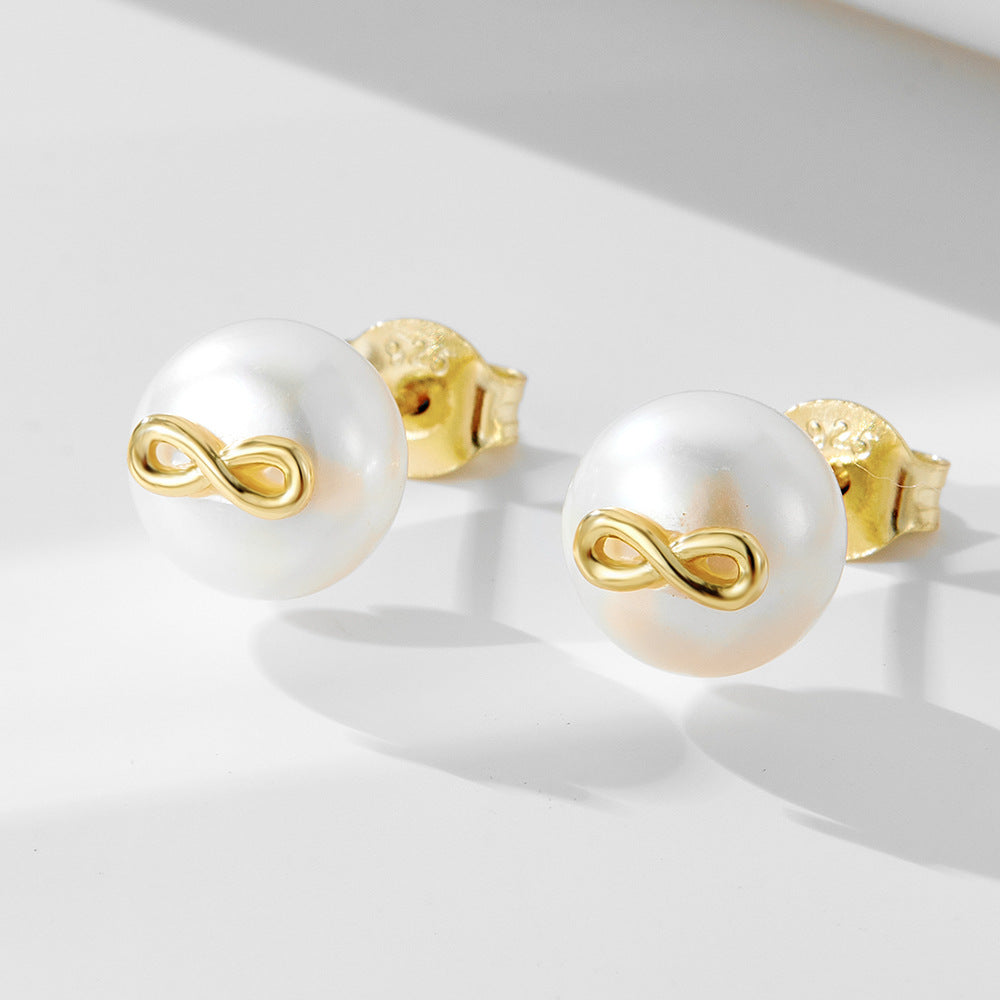 S925 Sterling Silver Infinite Love 8 Character Natural Pearl Stud Earrings Japanese And