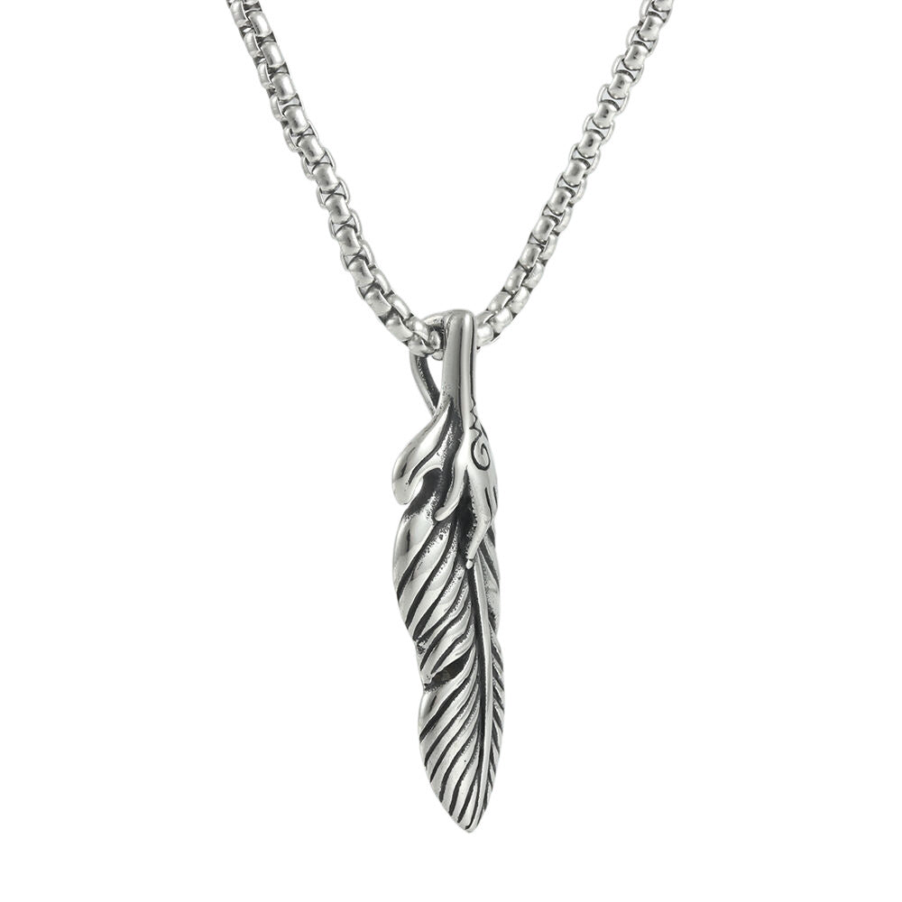European And American Stainless Steel Feather Pendant Necklace