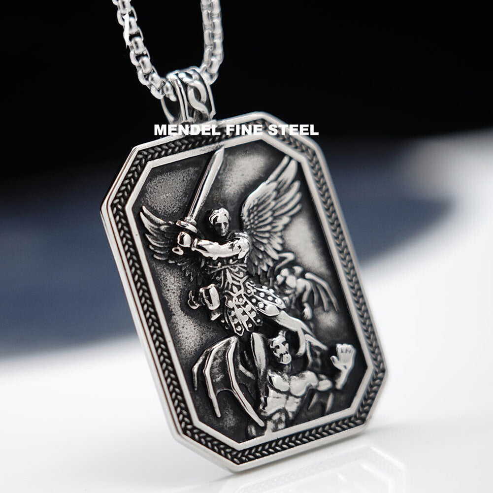 Guardian Angel Vintage Steel Pendant Necklace for Men with Long Sweater Chain
