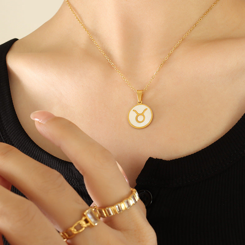 Celestial Zodiac Necklace Set with White Sea Shell Pendant - Titanium Steel Gold Plated Women's Jewelry