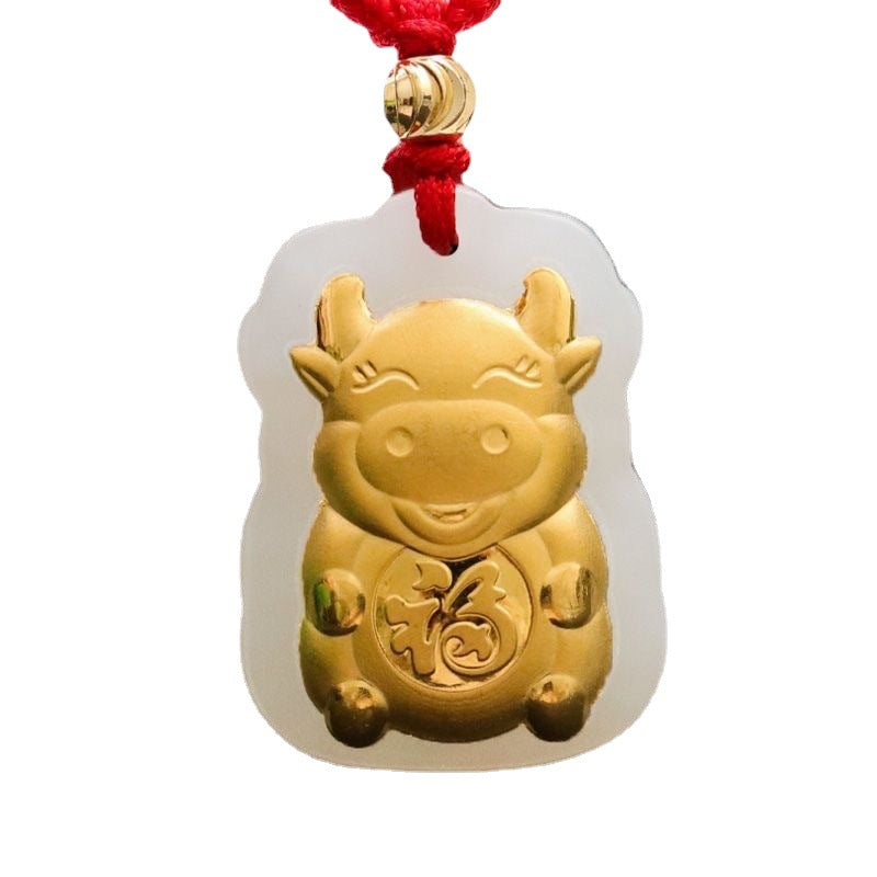 Hetian Jade Golden Ox Pendant with Cord