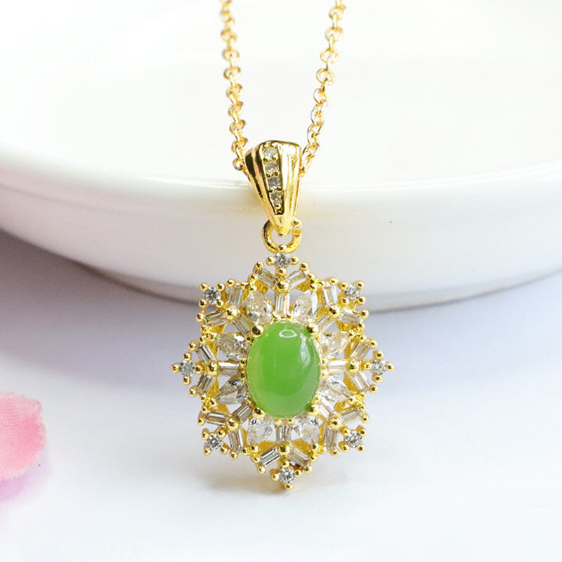 Snowflake Jade Necklace with Sterling Silver Chain