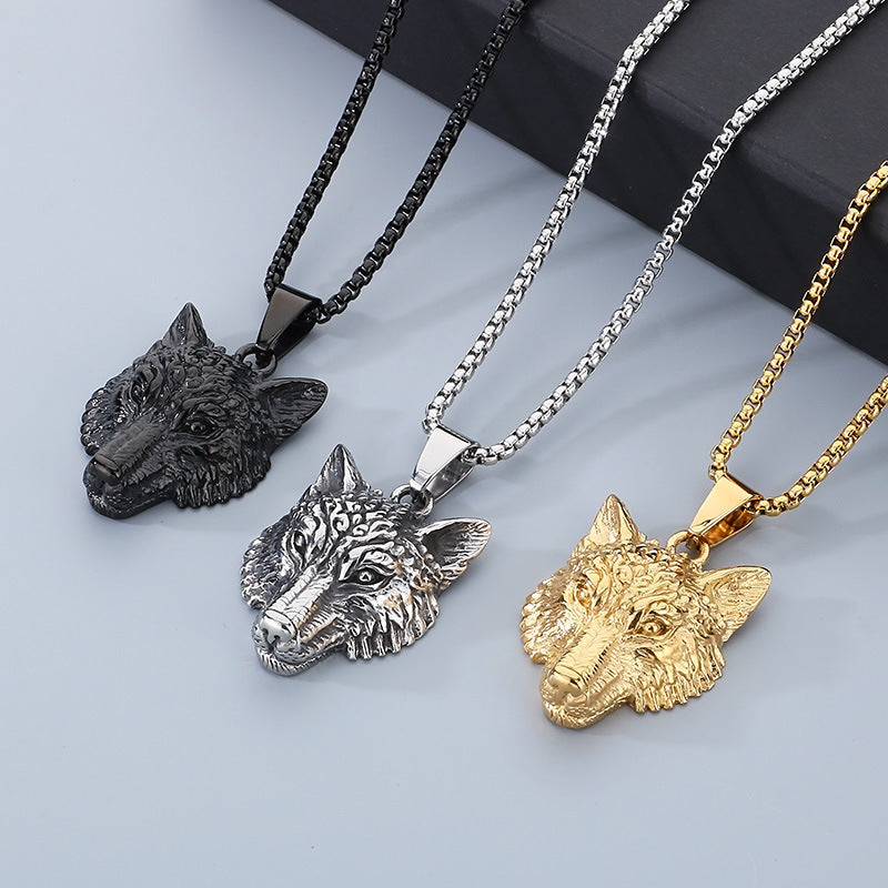 Animal, Punk Retro Viking Direwolf Head Stainless Steel Pendant For Men Necklace