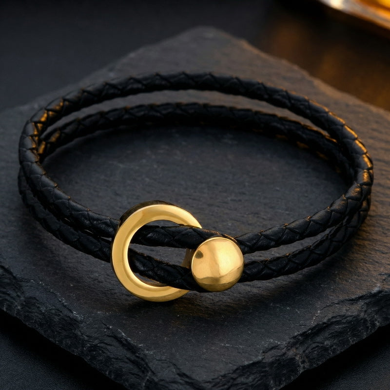 Hand Rope – Stainless Steel Round Buckle Double-Layer Black Leather Men's Bracelet