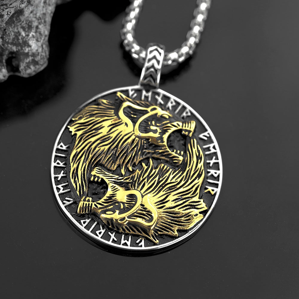 European and American Jewelry Wholesale Titanium Steel Men's Pendant Necklace with Double Wolf Head Design