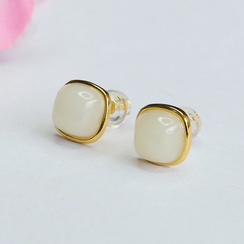 White Jade and Sterling Silver Earrings with Inlaid Natural Hotan Jade