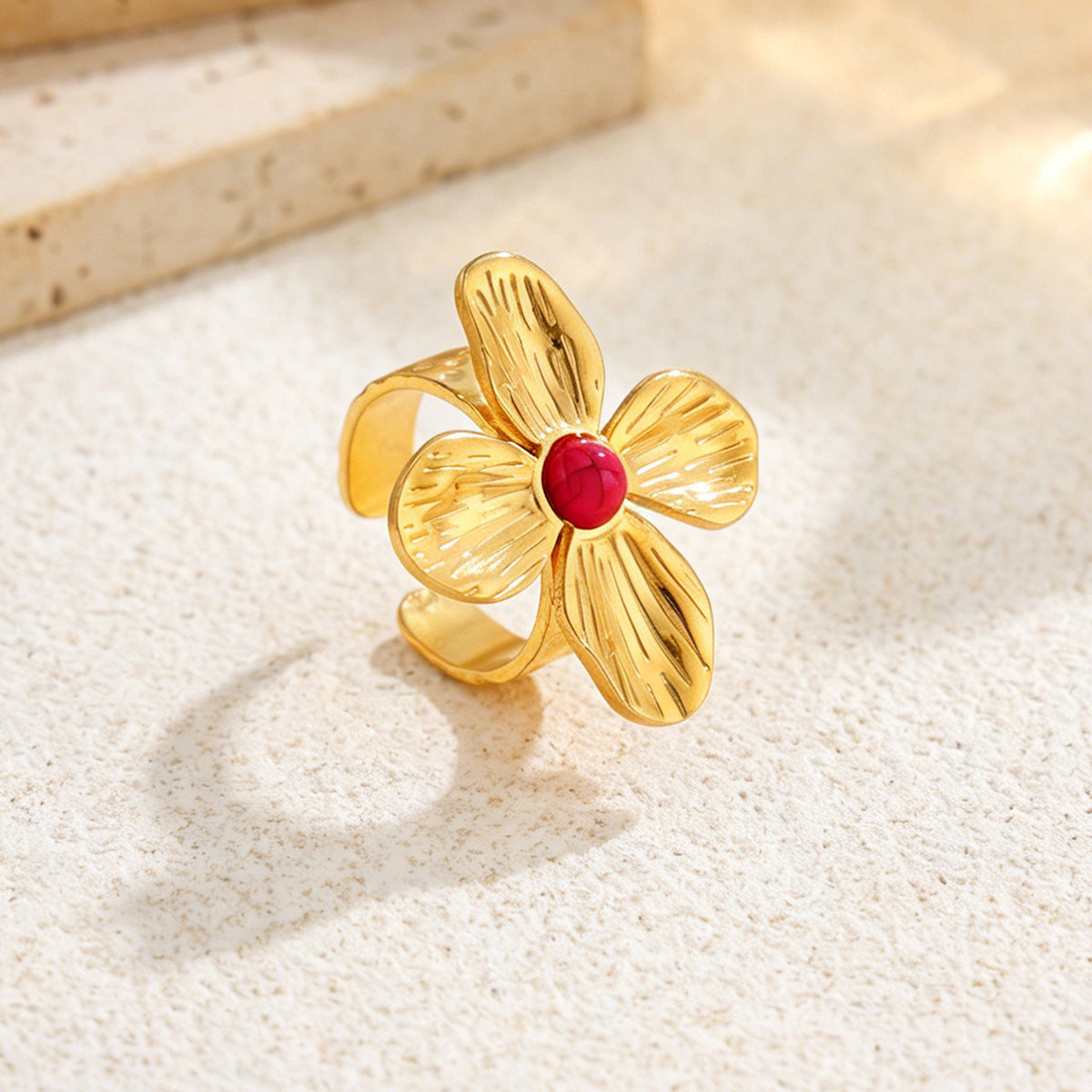 Planderful Vienna Verve Stainless Steel Flower Gemstones Opening Ring For Women Chic Vacation Style
