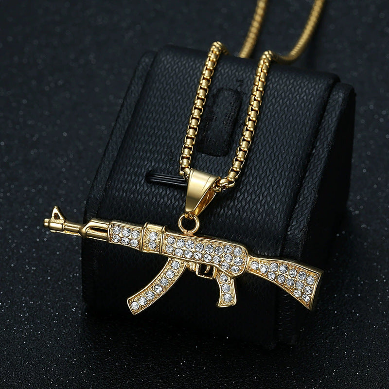 Planderful Hip Hop AK47 Pendant Necklace Stainless Steel Gold Plated Rhinestones For Men And Women