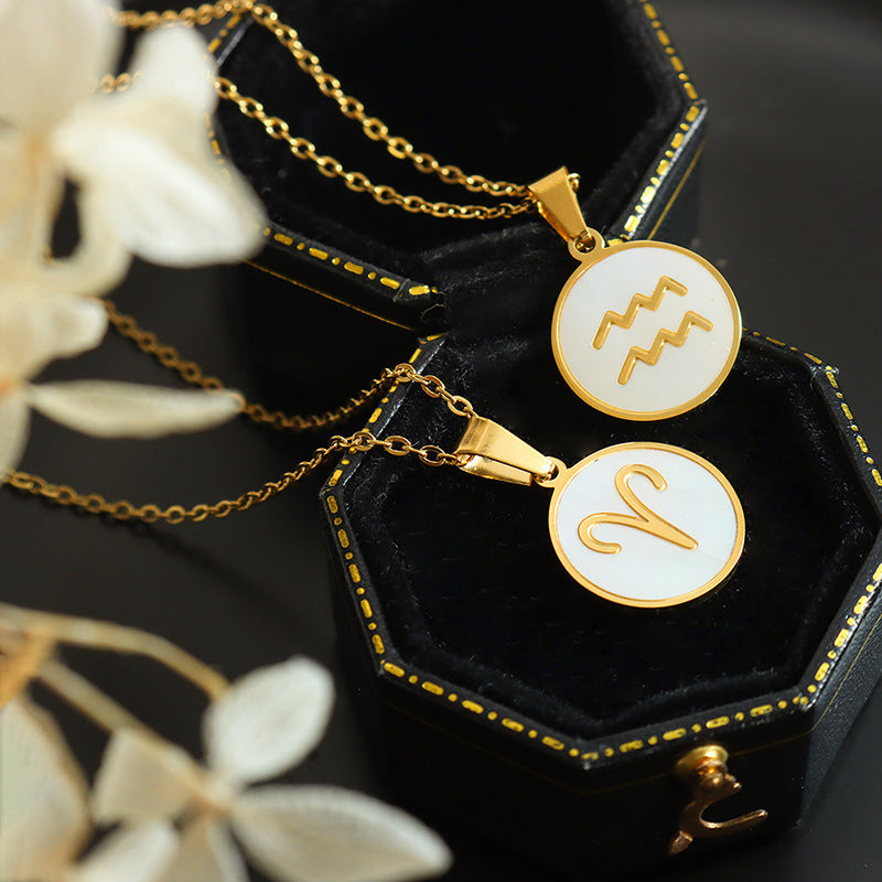Celestial Zodiac Necklace Set with White Sea Shell Pendant - Titanium Steel Gold Plated Women's Jewelry