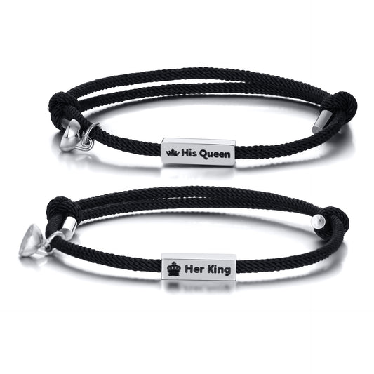 Stainless Steel Her King His Queen Square Brand Black Rope Magnet Couple Hand Rope Bracelet