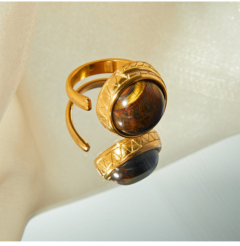 Tiger's Eye Titanium Steel Open Ring with Retro Lace Design