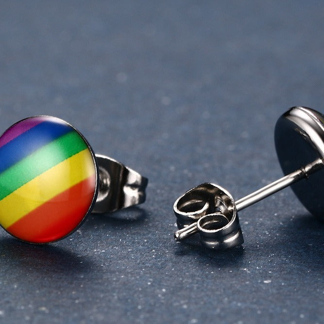 Rainbow Stripe Stainless Steel Stud Earrings — Pair