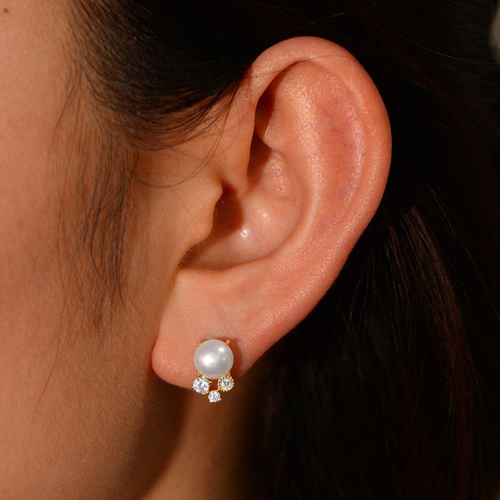 S925 Sterling Silver Natural Freshwater Pearl Stud Earrings Retro Zircon Earrings