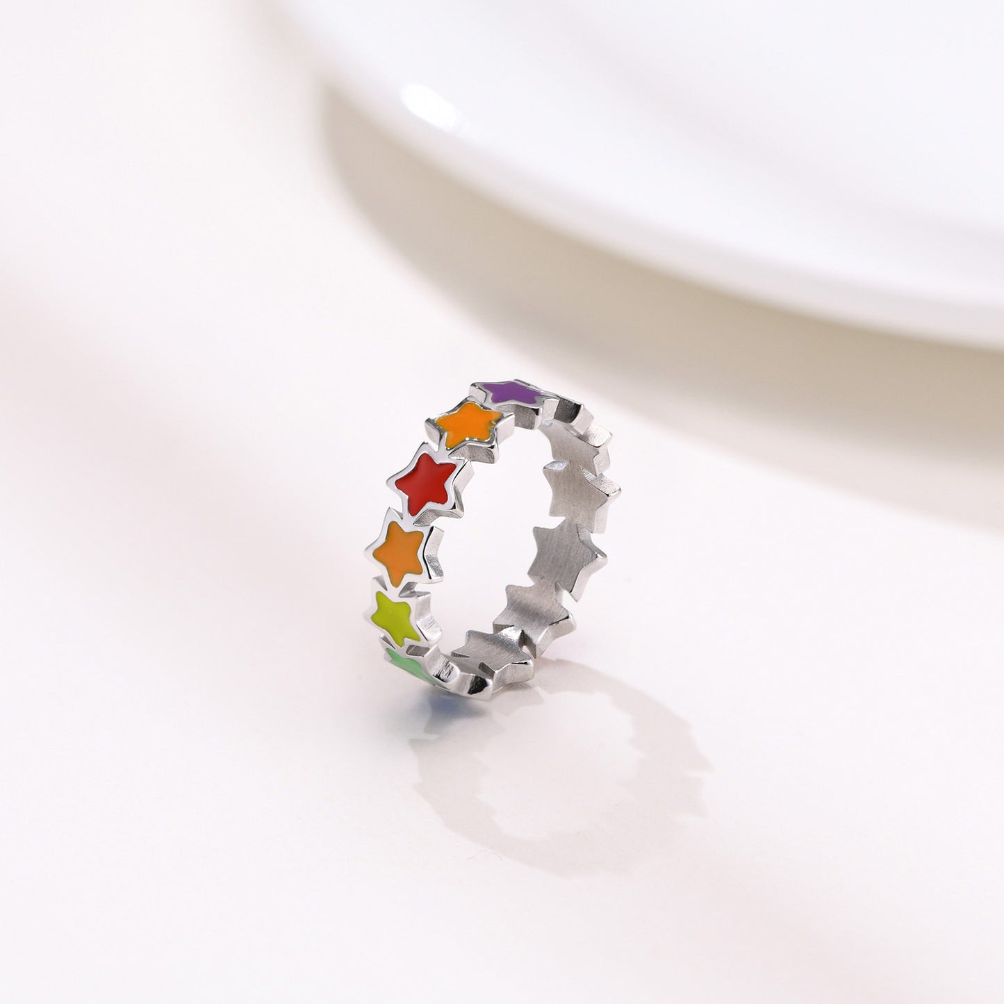 European And American New Color Ring Personalized Fashion Stainless Steel Five-Pointed Star Rainbow Ring