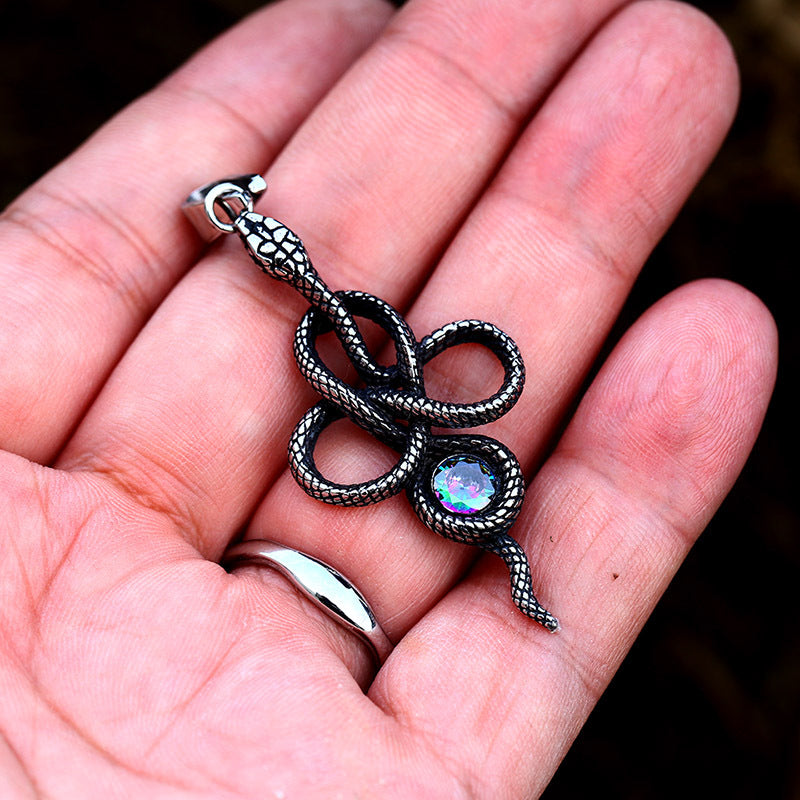 Titanium Steel Snake Pendant with Stone Inlay - Retro European and American Jewelry for Men