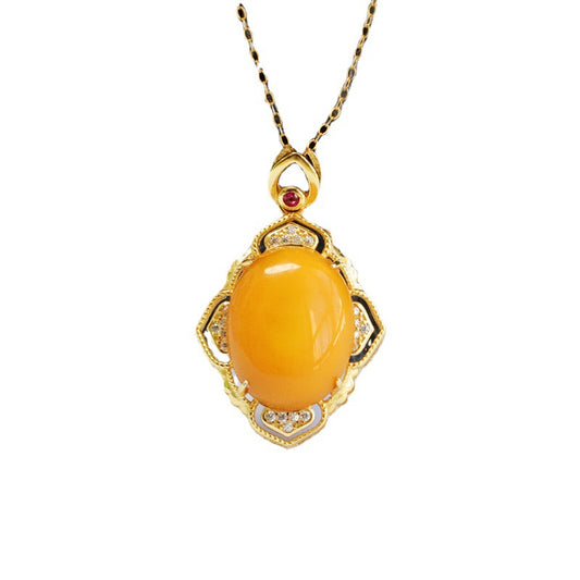 S925 Sterling Silver Oval Beeswax Pendant Necklace with Hollow Petal Zircon Jewelry