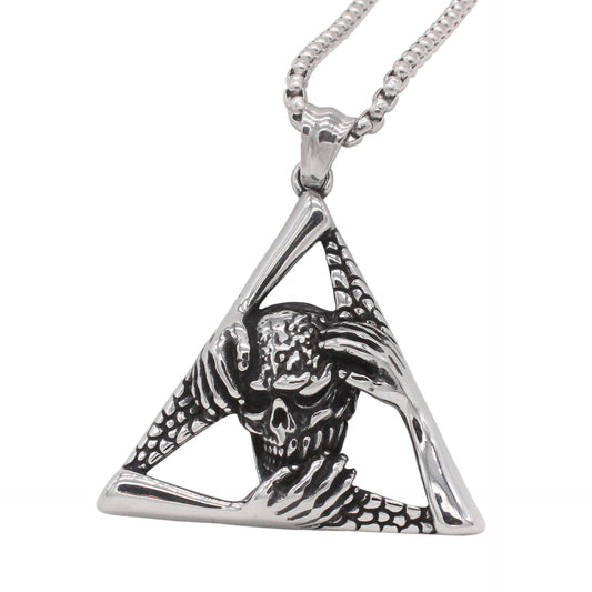 Planderful Jewelry Skull Pendant Mens Titanium Steel Vintage Triangle Design Necklace