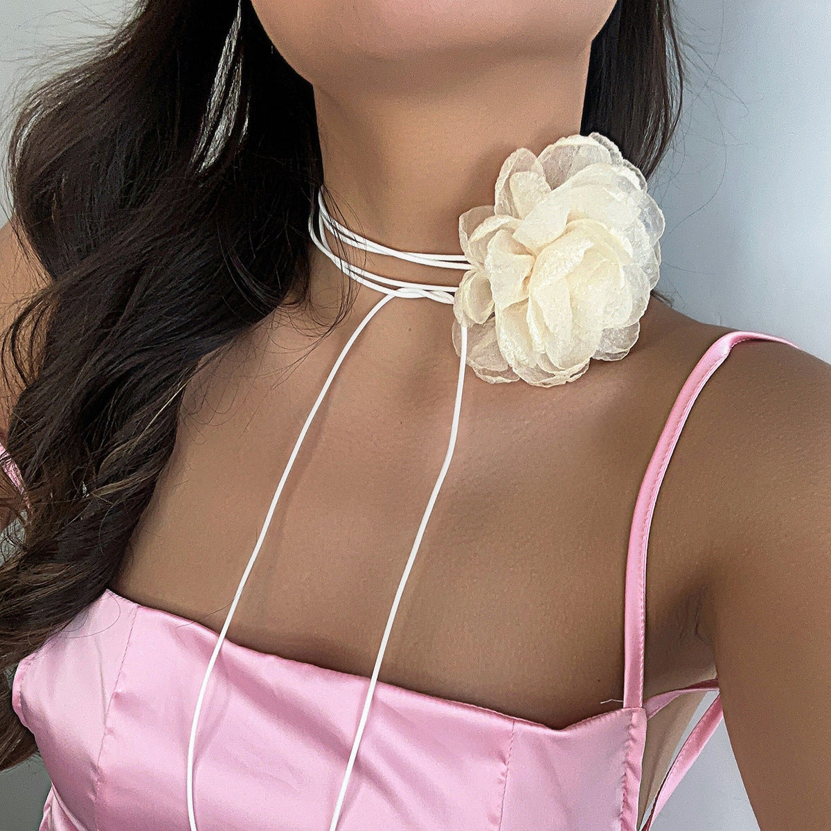 Exquisite Handmade Mesh Flower Choker Necklace with Custom Ribbon Closure, Large Blossom, High-Quality Imported Jewelry