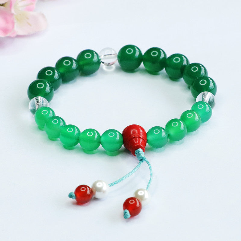 Green Chalcedony and White Crystal Red Agate Sterling Silver Bracelet
