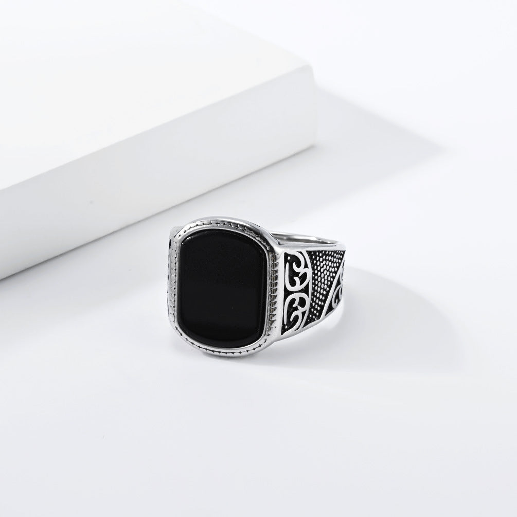 Tiger Turquoise Textured Vintage Stainless Steel Ring for Men