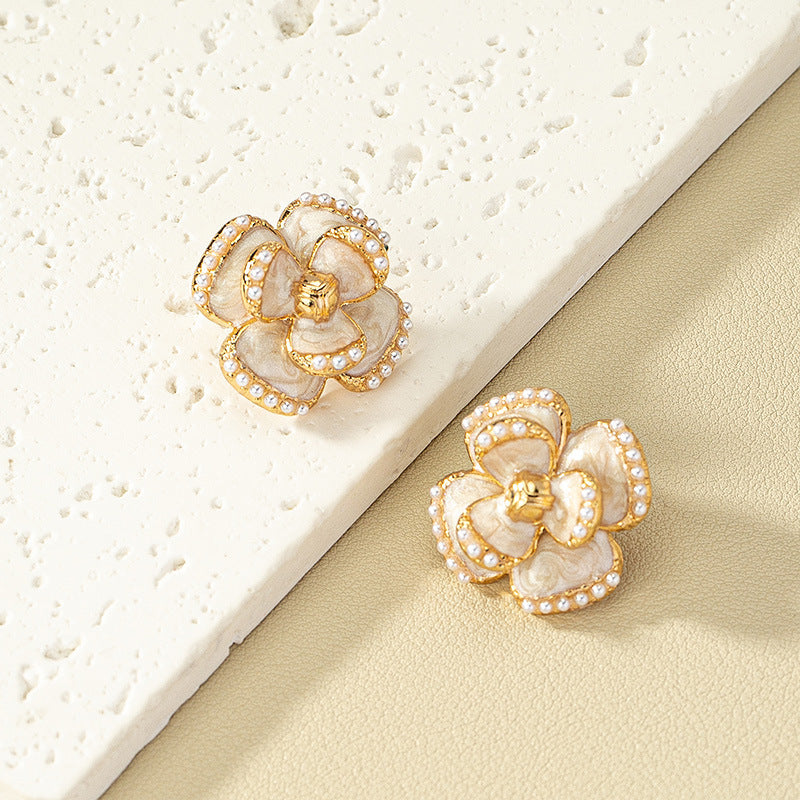 Enamel Coated Faux Pearl Floral Earrings Set, Vintage Chinese-inspired Design, Luxurious Touch, Floral Elegance, Trending Online, Bulk Purchase Option