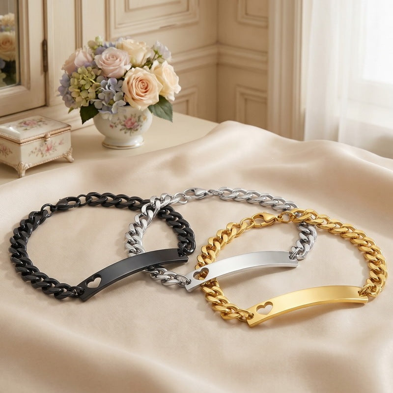 Love Curved Bar Neutral Style Bracelet Layered Cuban Chain Heart-Shaped Titanium Steel