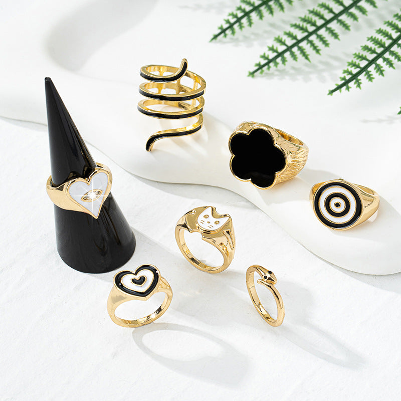 Stylish Metal Clover Love Snake Cat Ring Set for Women