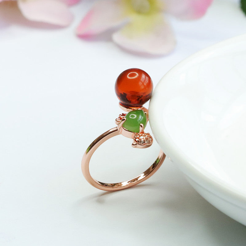 Elegant Sterling Silver Ring with Beeswax Amber Gem Stone