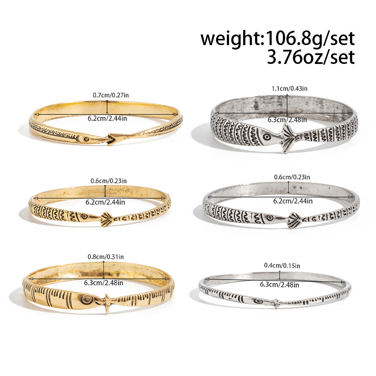 Stacked Marine Animal Fish Bracelet Retro Design Fish Pattern Symbol