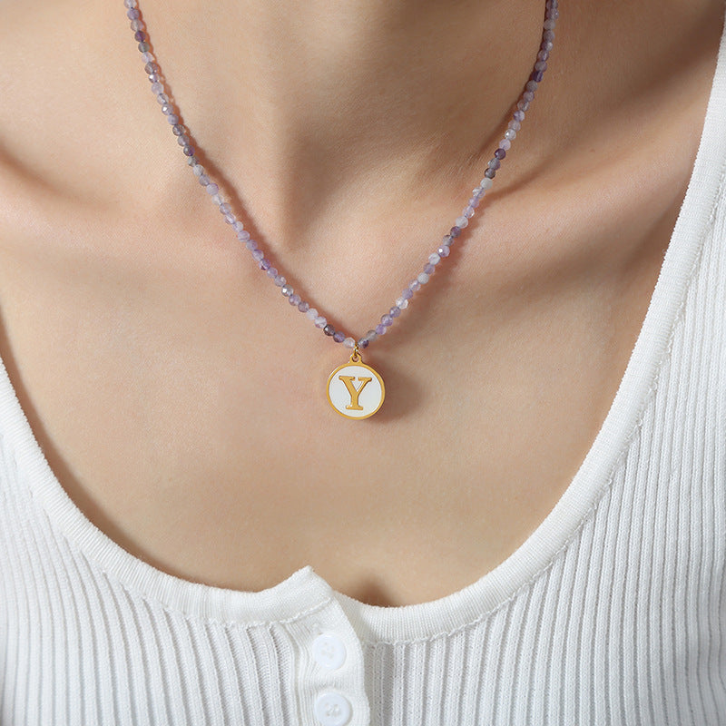 Luxurious Titanium Gold-Plated Mother-of-Pearl Pendant Necklace with Zircon Details