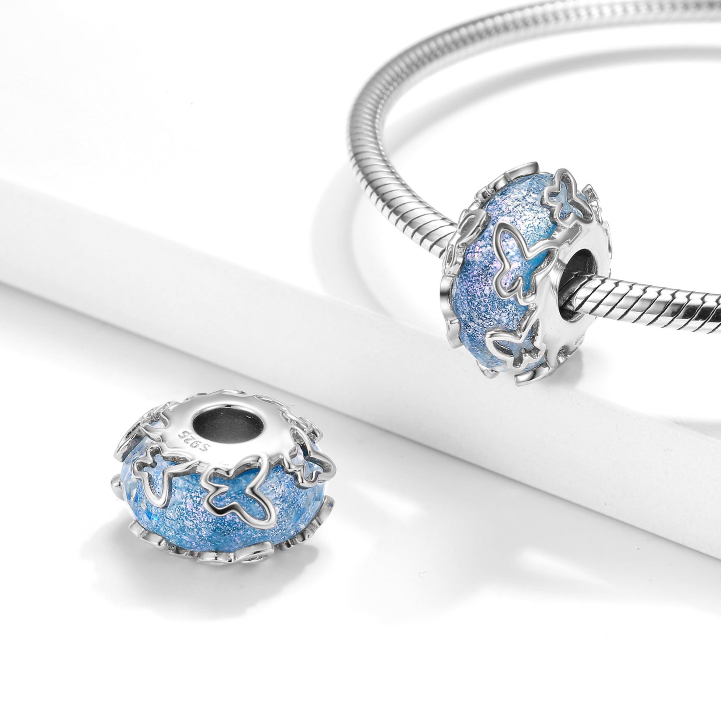 Riverside Flying Butterfly Blue Glazed Beads Silver Pendant