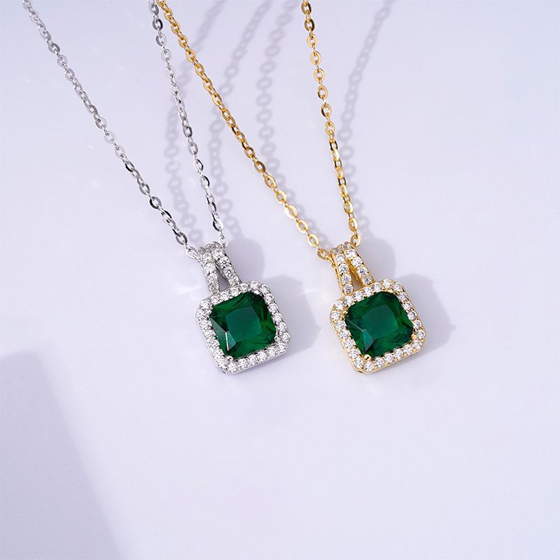 Soleste Halo Square Emerald Green Zircon Silver Necklace