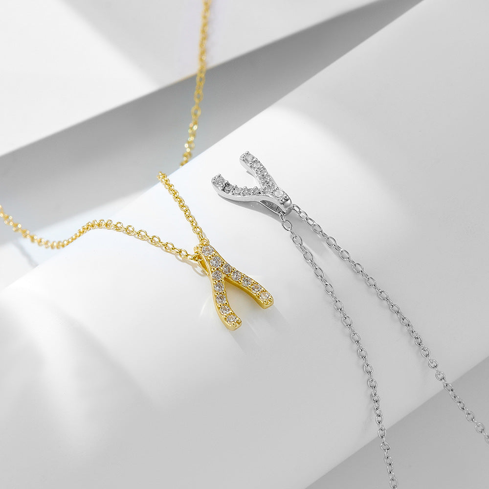 Korean Version Inlaid Zircon Necklace Geometric Herringbone Pendant S925 Sterling Silver Wishing Bone Women