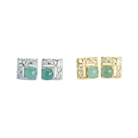 Blue-Water Jadeite Window Motif Stud Earrings