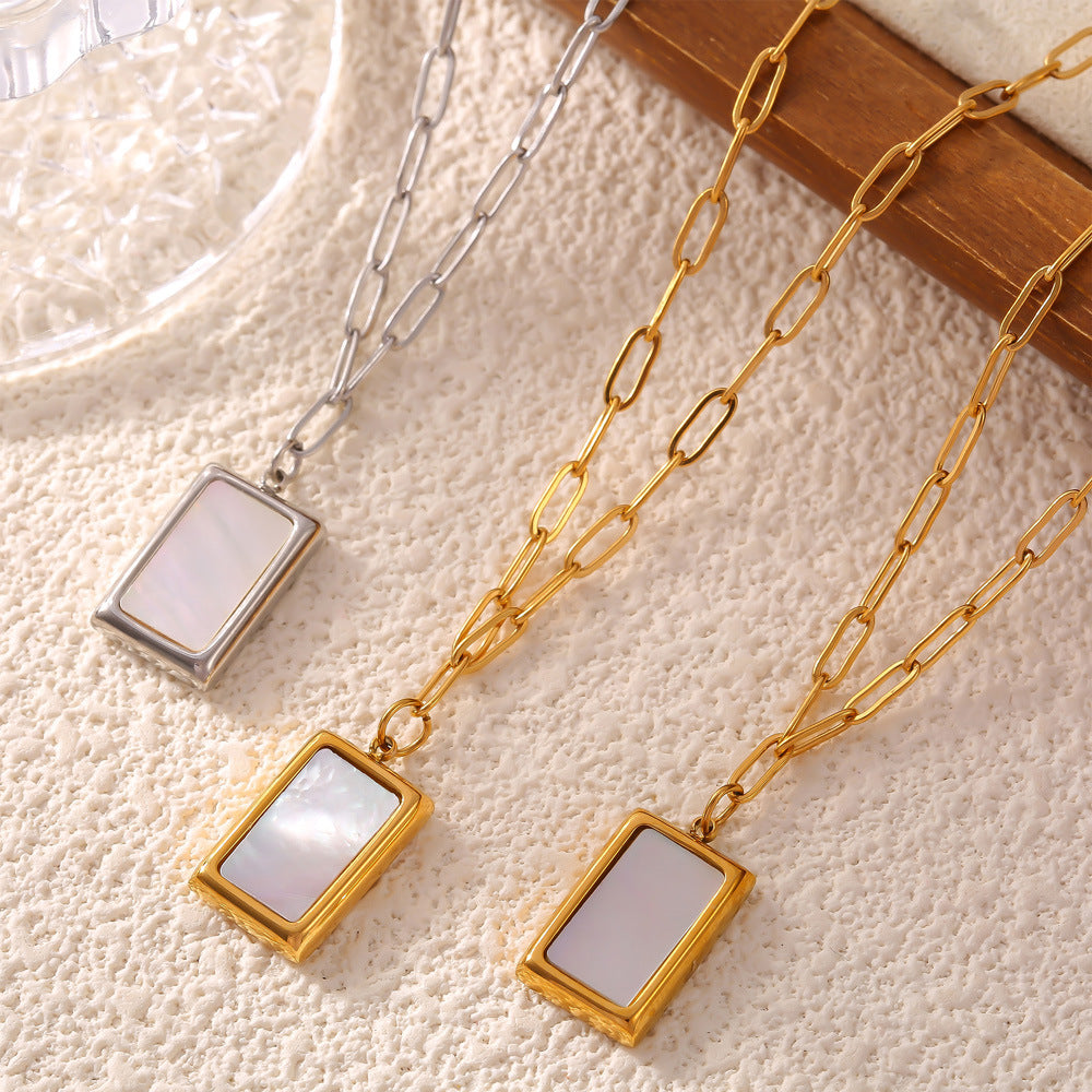 Elegant French Style White Sea Shell Square Pendant Necklace