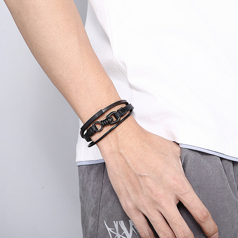 Planderful Mens Leather Titanium Steel Bracelet Punk Style