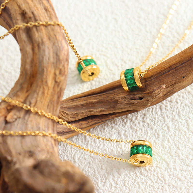 Green Zircon Vintage Titanium Steel Pendant Gold Plated Choker Necklace