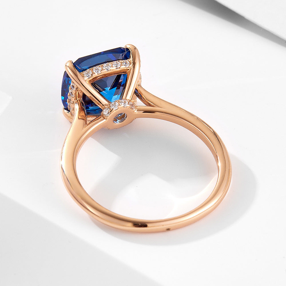 Blue Pillow-Shaped 10 Zircon Sterling Silver-Plated Rose Gold Ring Luxury Color Treasure Quality