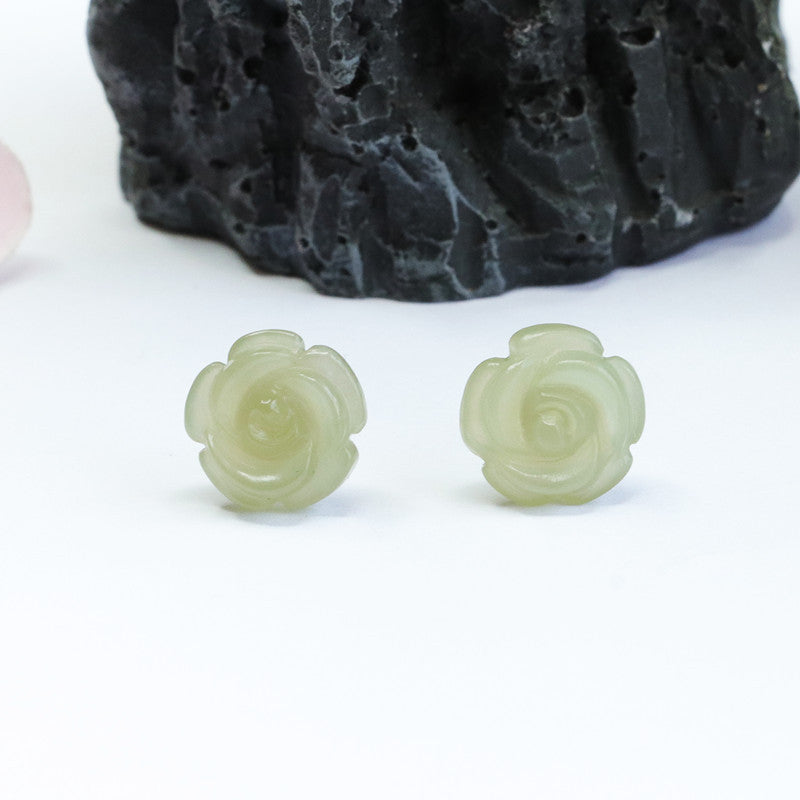 Lake Green Silver Flower Earrings with Natural Hotan Jade Insets