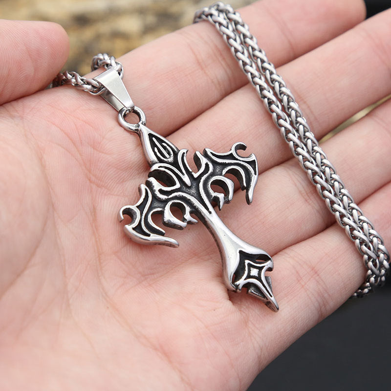 Gothic Style Bat Flame Cross Titanium Steel Pendant Necklace