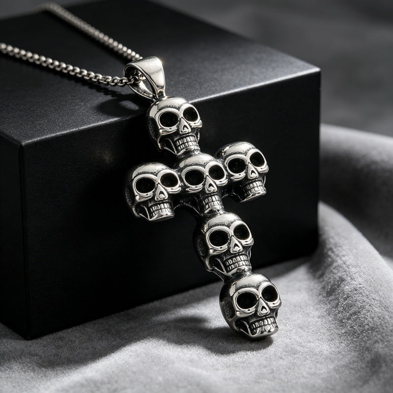 Cross Flower Pendant, Punk Style Goth Smear Skull Cross Stainless Steel Men's Pendant Necklace