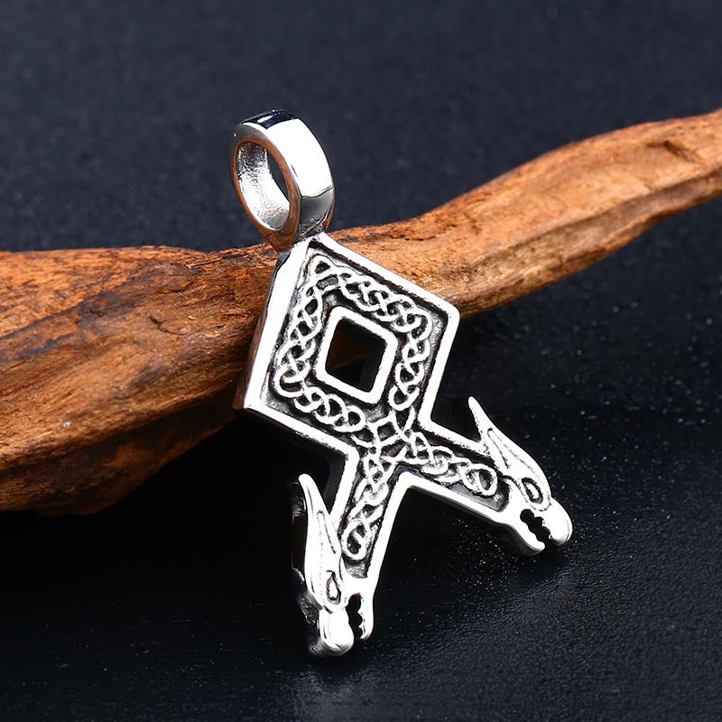 Titanium Steel Pendant with Nordic Viking Rune and Retro Double Dragon Heads for Men