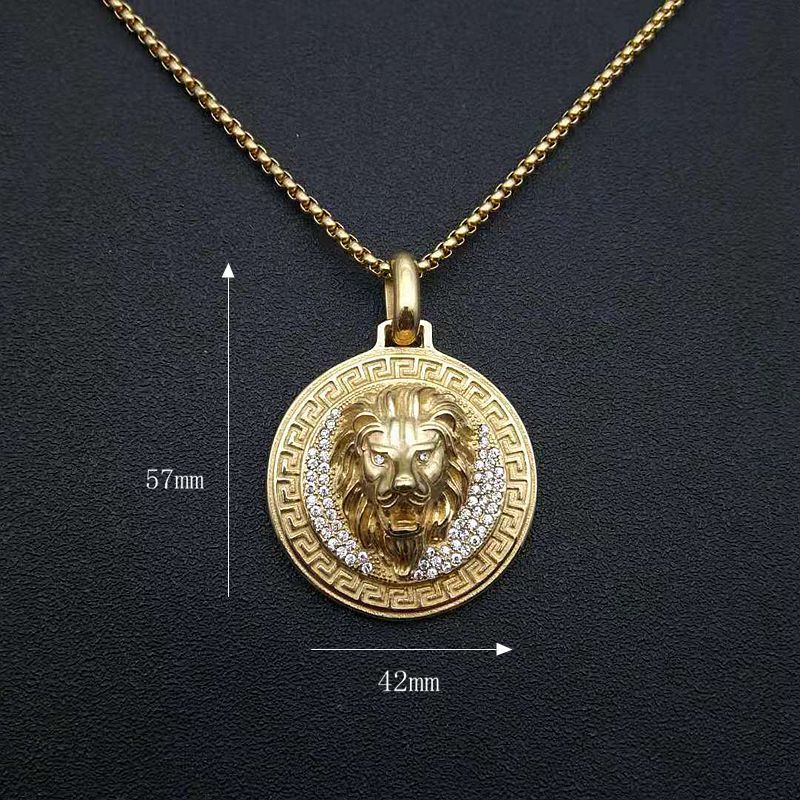 Planderful Everyday Genie Lion Head Pendant Necklace In Steel For Hip Hop Fans Diamond Disc Gold Plated