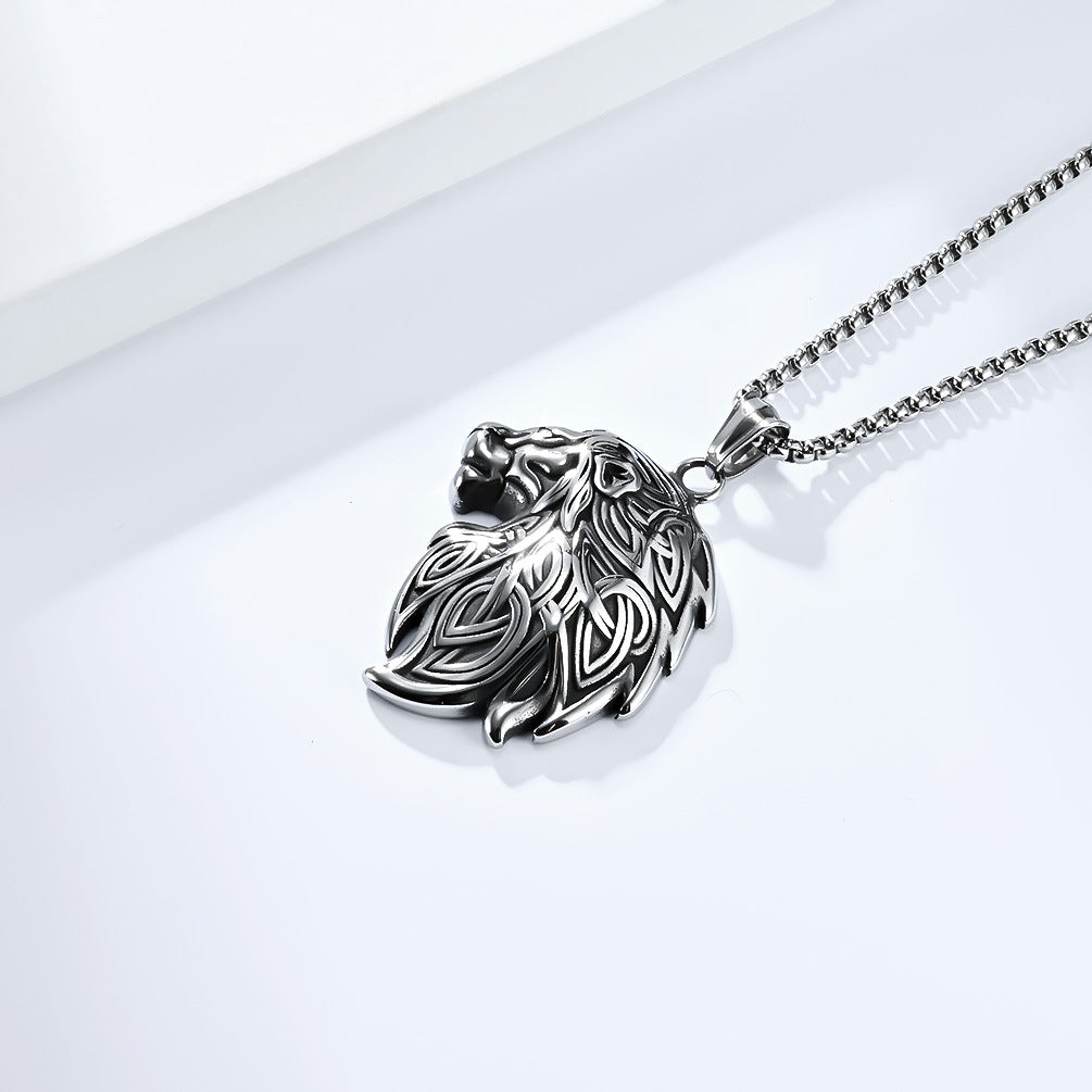 Planderful Viking Lion Head Pendant Necklace Durable Steel Triangular Knot Design For Him Bold Nordic Totem