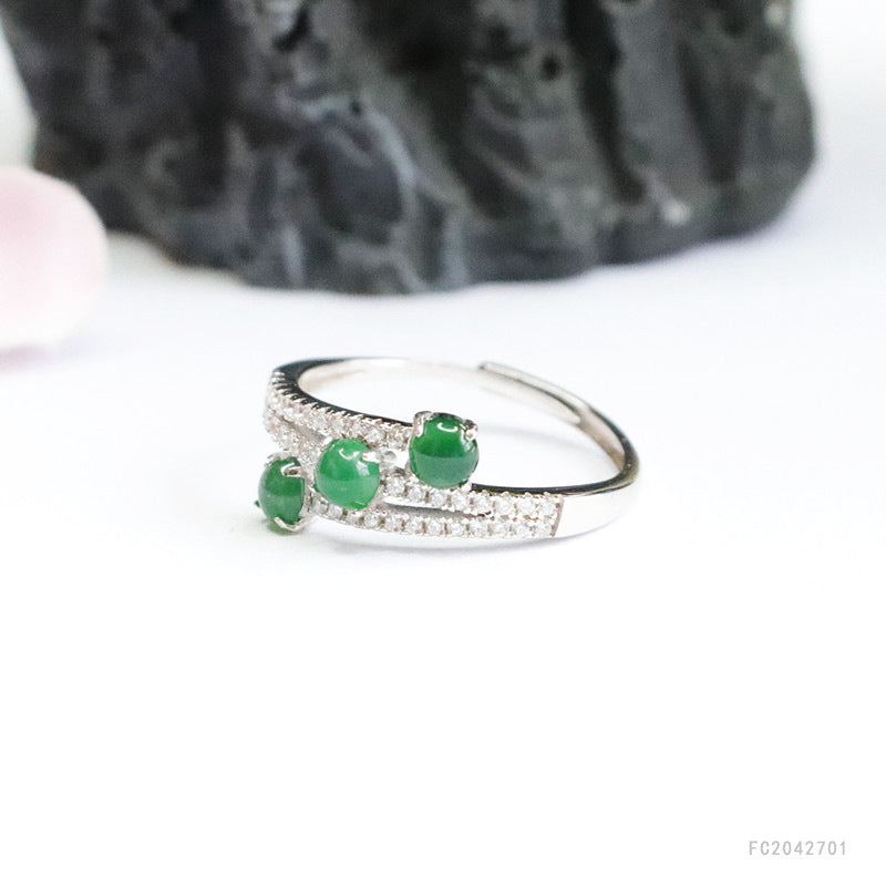 Icy Green Jadeite Triple-Life 925 Silver Ring