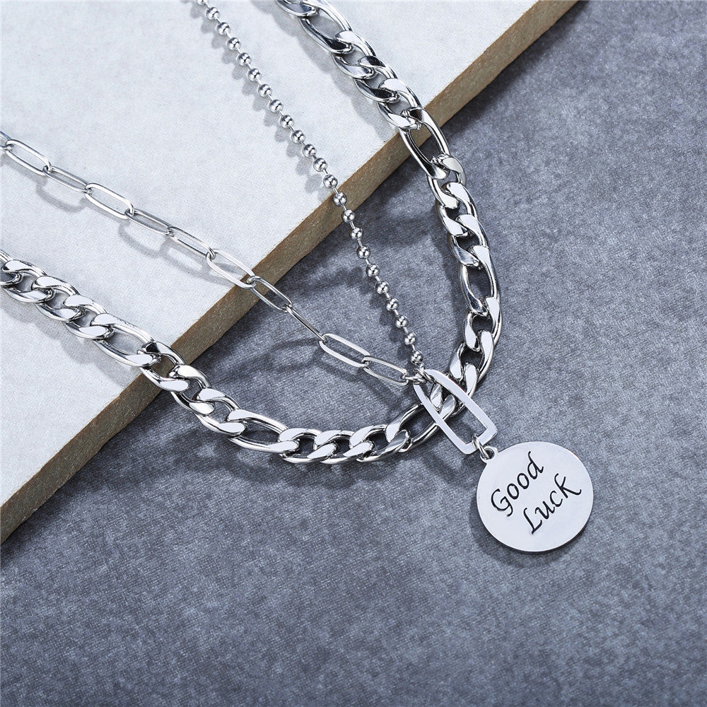 Titanium Steel Necklace Unisex Double Layer Pendant Clavicle Chain Minimalist Statement Planderful Everyday Genie