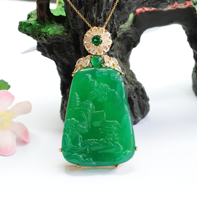Golden Necklace with Natural Trapezoid Green Chalcedony Landscape Carving Pendant and Zircon Accents