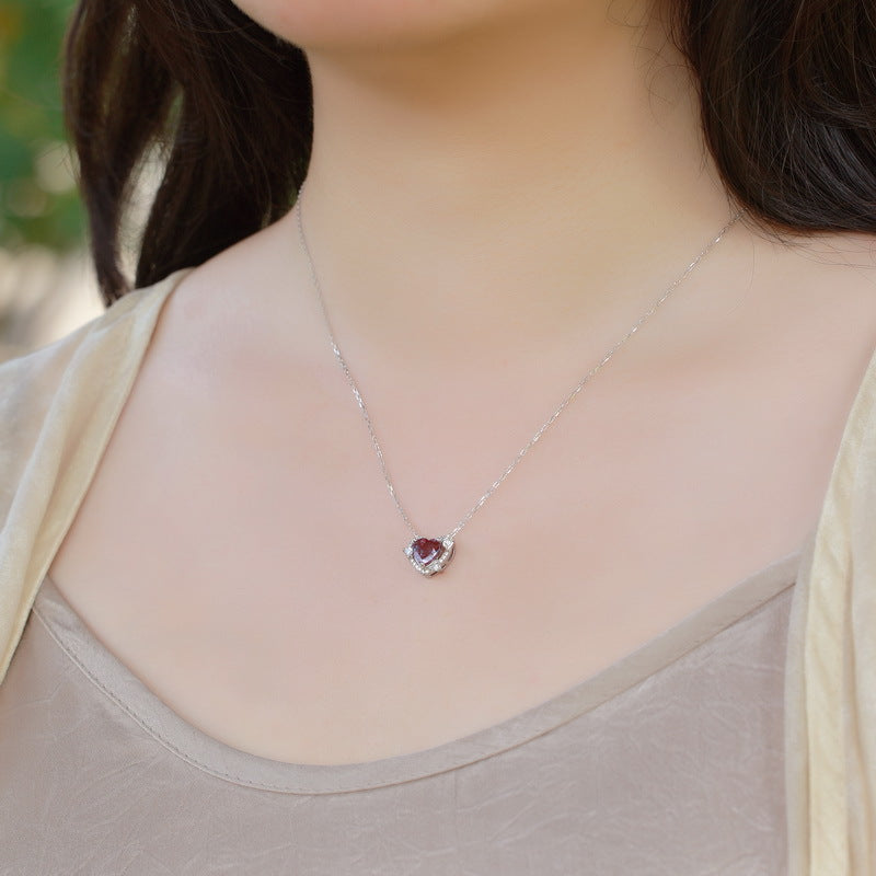 Planderful Jewelry S925 Sterling Silver Alexandrite Necklace In Heart Design With Collarbone Chain